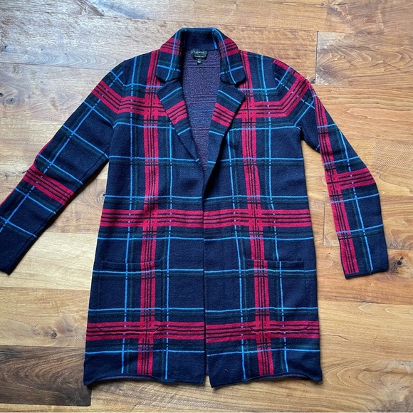Talbots Pure Merino Wool Open Front Coatigan Cabin Plaid Sweater Blazer - Picture 5 of 11